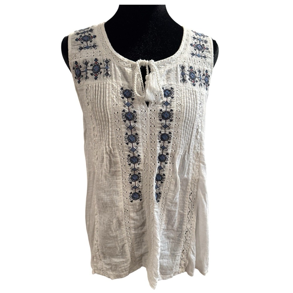 Lucky Brand Embroidered Tank Medium, 100% Cotton, Cream Blue, Cut-Outs